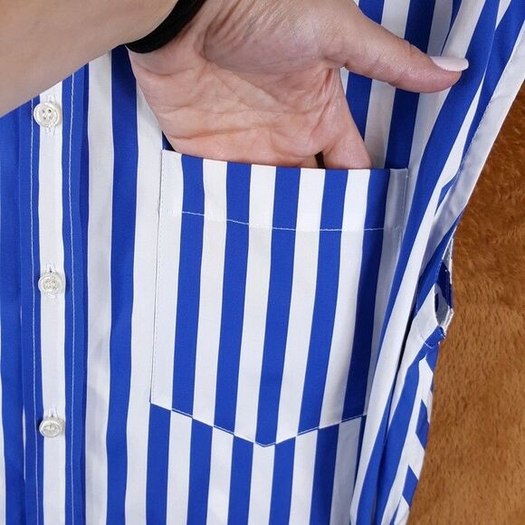 DEREK LAM Shirt Dress Womens Size 6 Blue Stripe Button Up Belted Pocket Collared - Picture 2 of 10